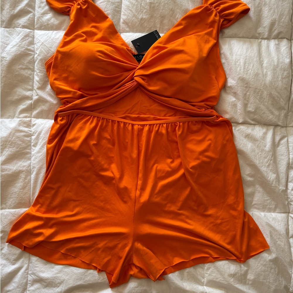 Orange Twist-Front Romper Swimsuit